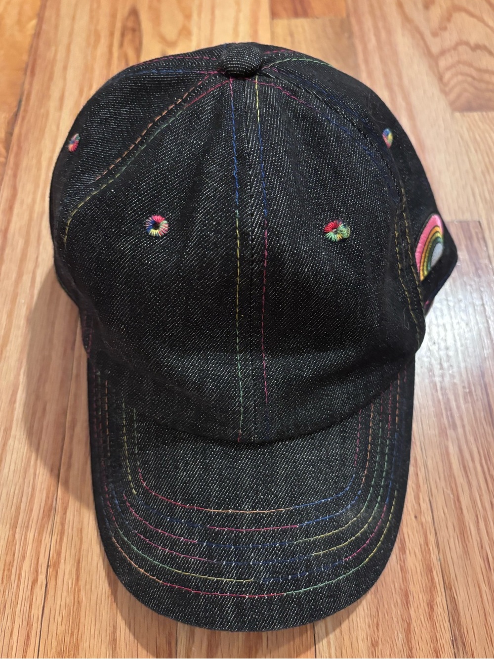 Black Denim Baseball Cap with Rainbow Stitching